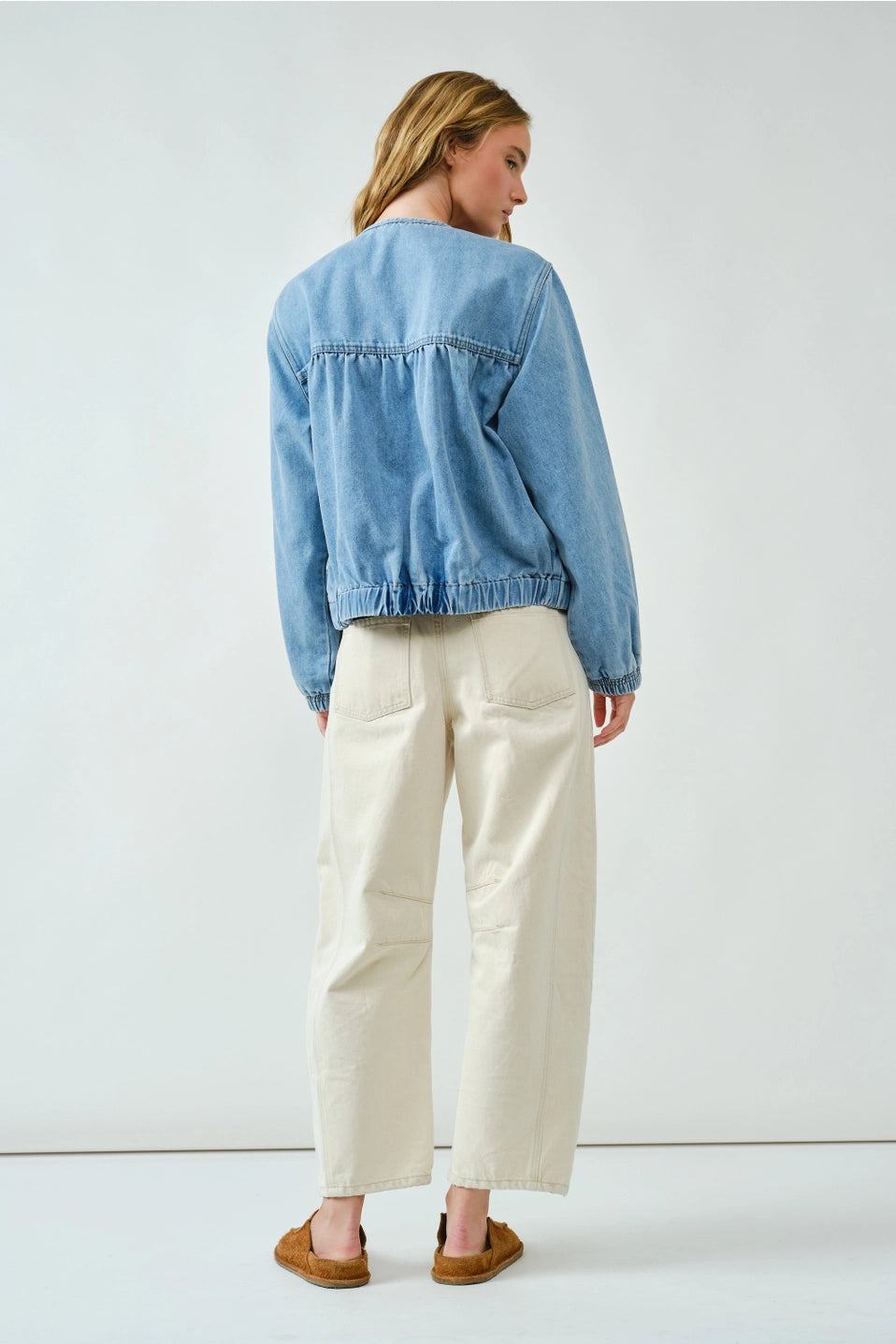 Ruched Seam Denim Bomber Jacket