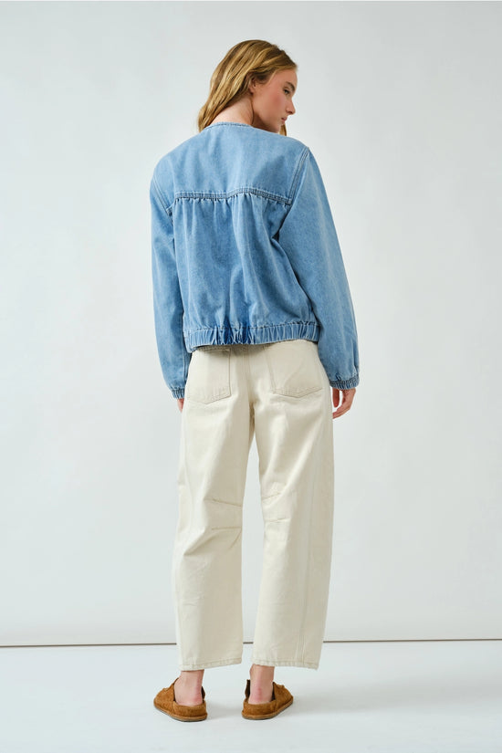 Ruched Seam Denim Bomber Jacket