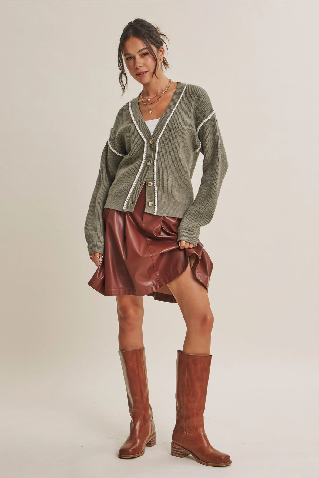 Contrast Stitch Button-Down Cardigan | Matcha