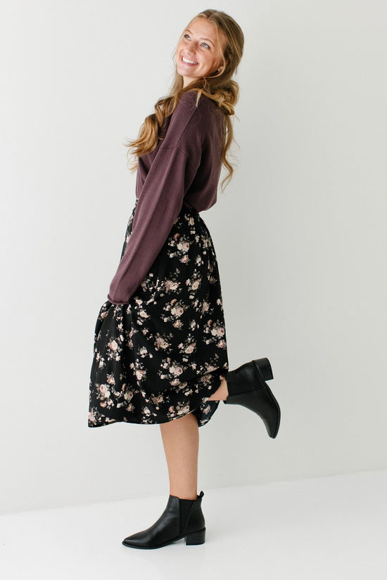 Black Floral Print Midi Skirt