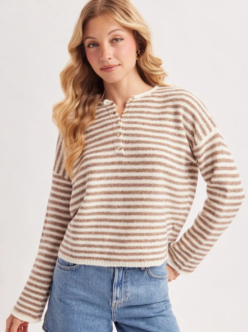Relaxed Stripe Henley Knit Pullover