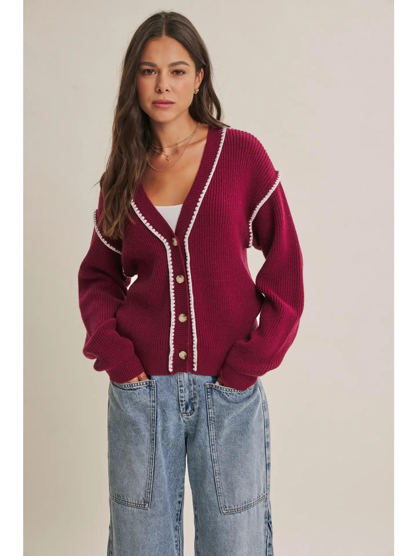 Contrast Stitch Button-Down Cardigan | Burgundy