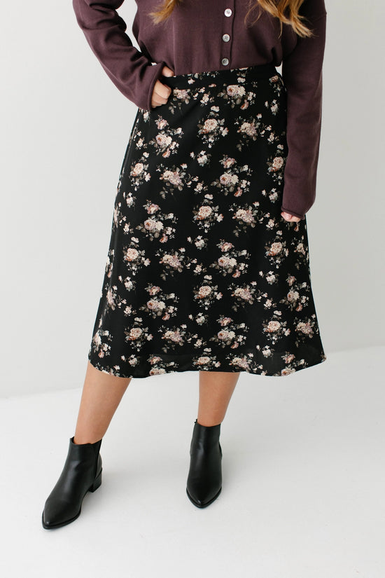 Black Floral Print Midi Skirt