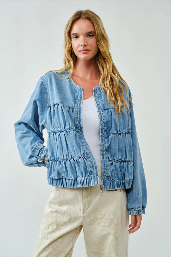 Ruched Seam Denim Bomber Jacket