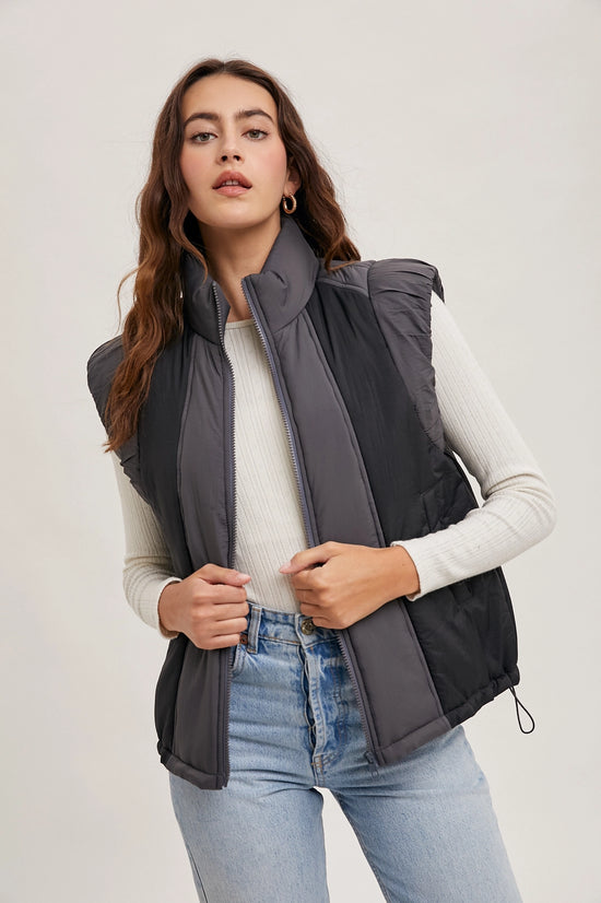 Contrast Puffer Zipper Down Vest | Ash