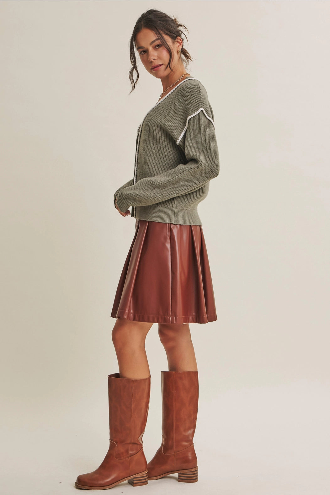 Contrast Stitch Button-Down Cardigan | Matcha