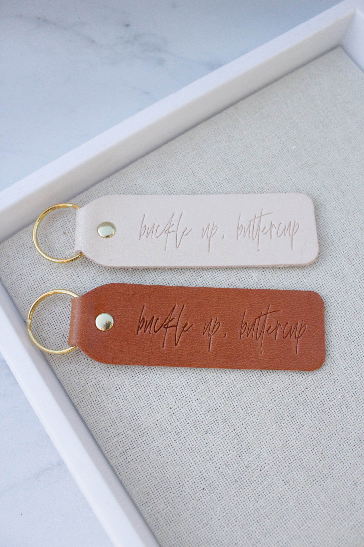 Buckle Up Buttercup Leather Keychain - Multiple Variations Available