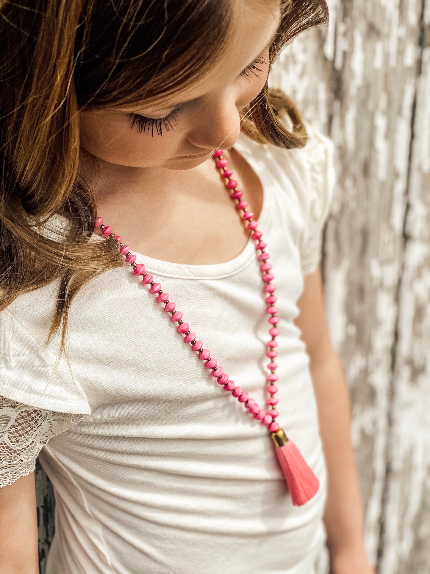 Load image into Gallery viewer, Kids Paper Bead Tassel Necklace - Multiple Colors Available
